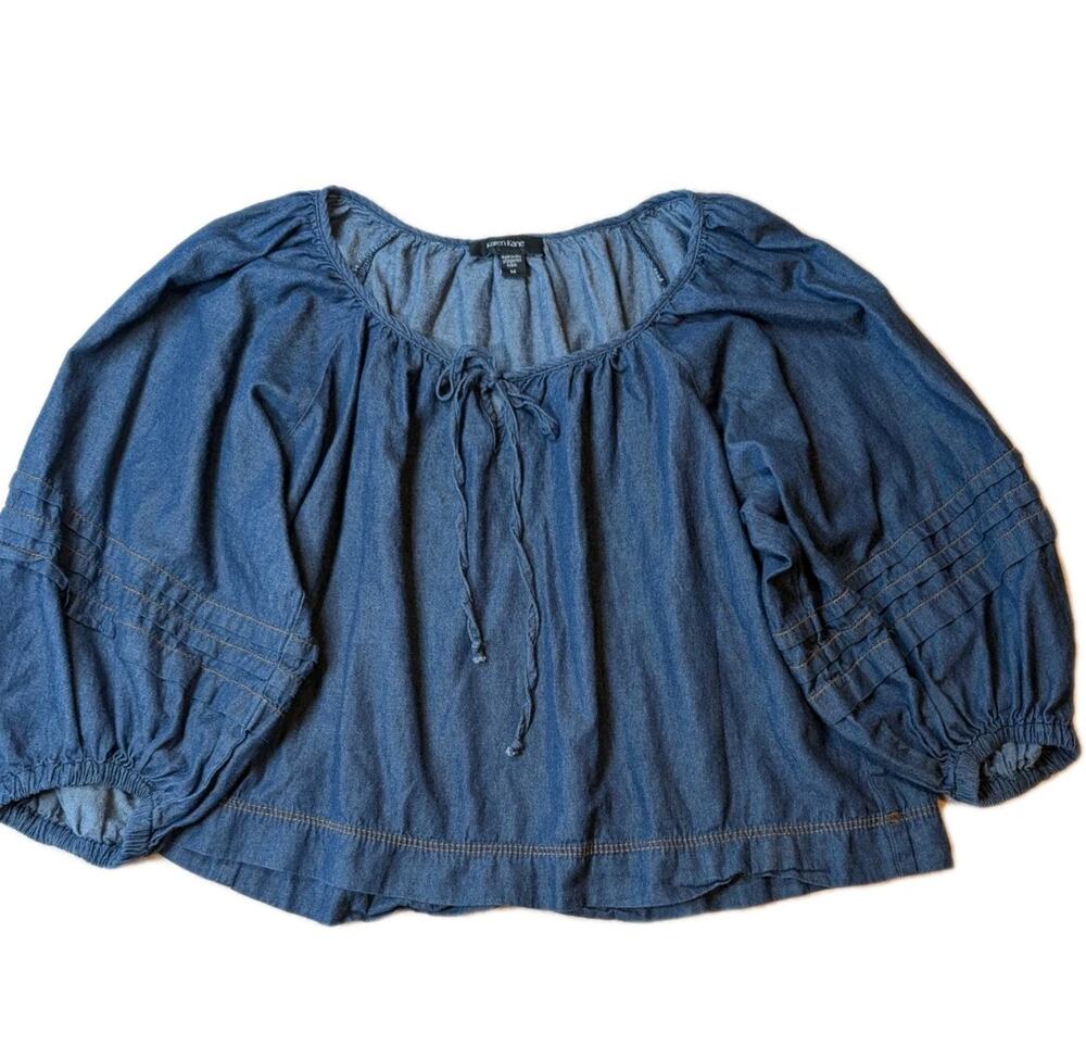 Karen Kane Chambray Peasant Blouse Blue Cotton Tie Neck Balloon Sleeve Women's M